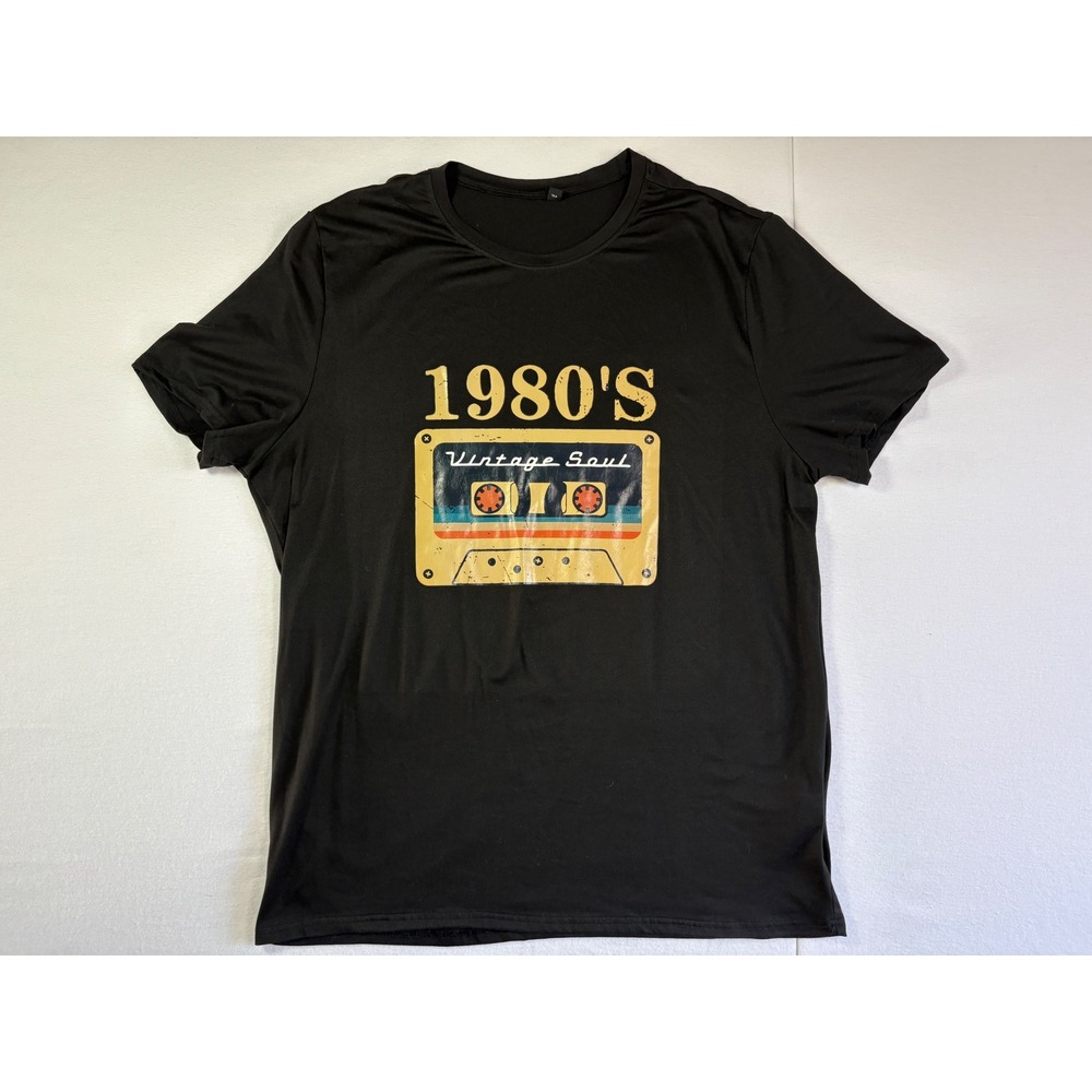 Mens XXL Black 1980s Vintage Cassette Tape Graphic Retro Short Sleeve T-Shirt